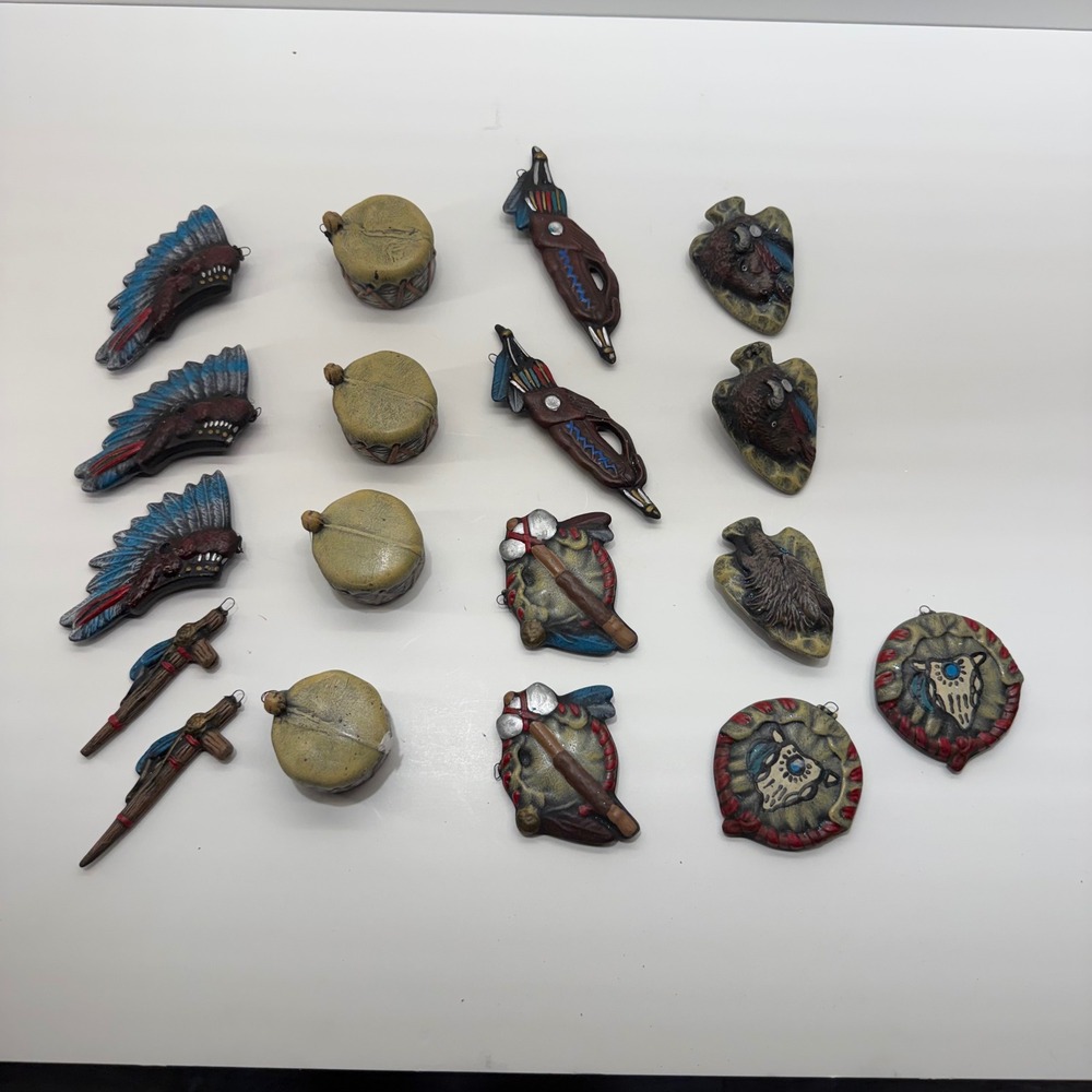 18pc Western Southwestern Resin Ornament Set Drums Arrowhead Headdress Tomahawk